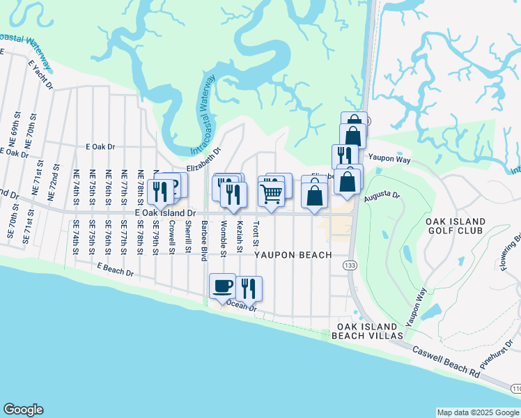 map of restaurants, bars, coffee shops, grocery stores, and more near 8500 E Oak Island Dr in Oak Island