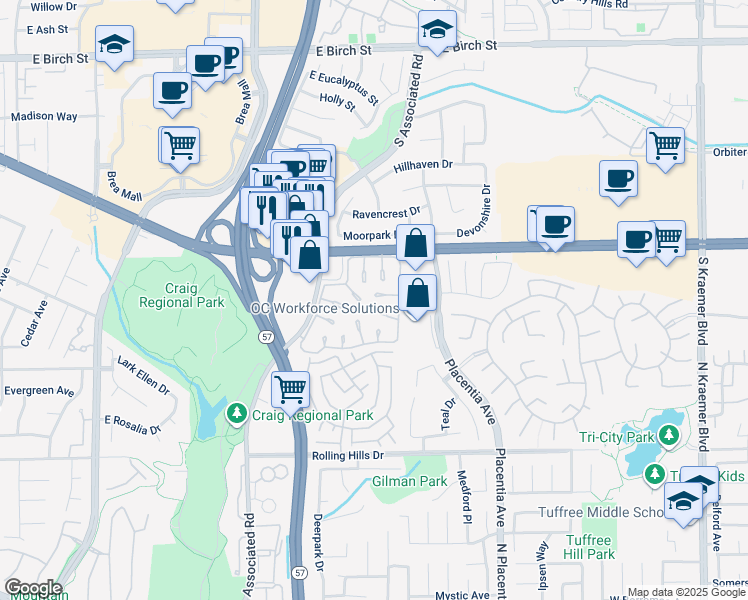 map of restaurants, bars, coffee shops, grocery stores, and more near 2902 Parkwood Court in Fullerton