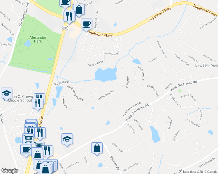 map of restaurants, bars, coffee shops, grocery stores, and more near 1131 Dayspring Court in Lawrenceville