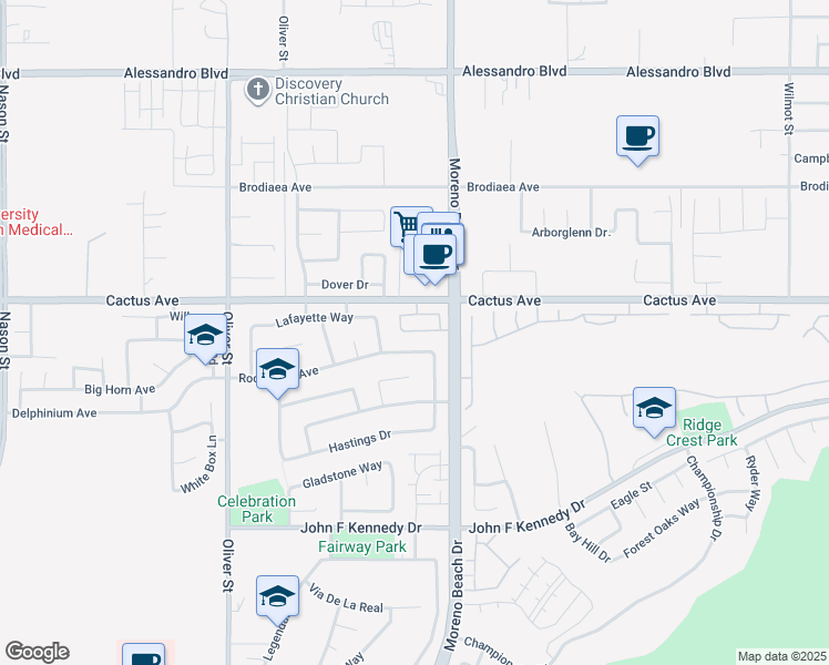 map of restaurants, bars, coffee shops, grocery stores, and more near 27891 Cactus Avenue in Moreno Valley