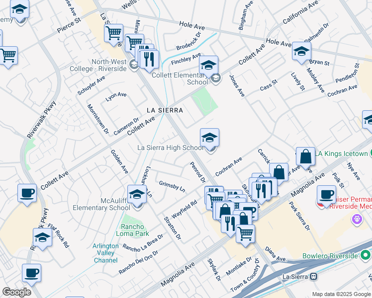 map of restaurants, bars, coffee shops, grocery stores, and more near 4201 Ferguson Court in Riverside