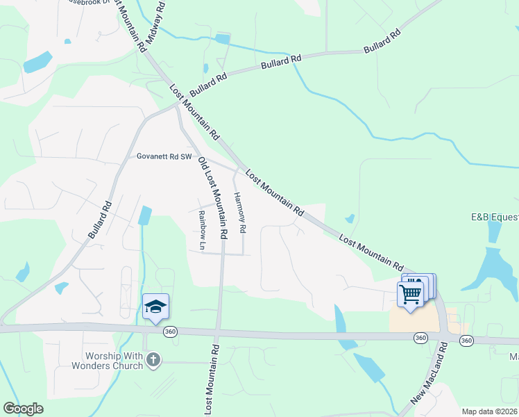 map of restaurants, bars, coffee shops, grocery stores, and more near 1806 Lost Mountain Road in Powder Springs