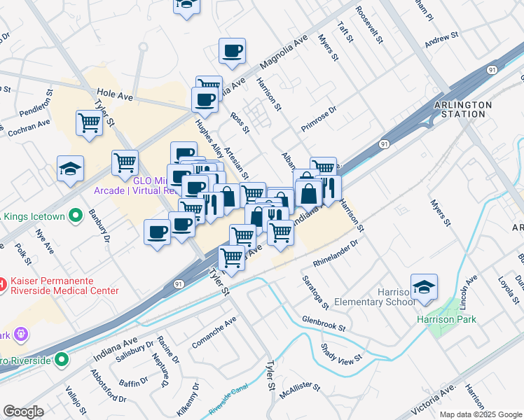 map of restaurants, bars, coffee shops, grocery stores, and more near 3470 Artesian Street in Riverside