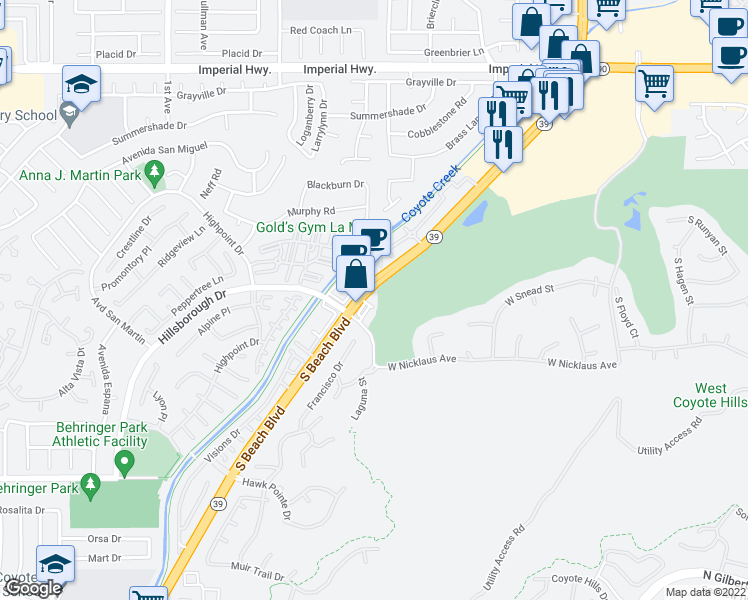 map of restaurants, bars, coffee shops, grocery stores, and more near 13540 Beach Boulevard in La Mirada