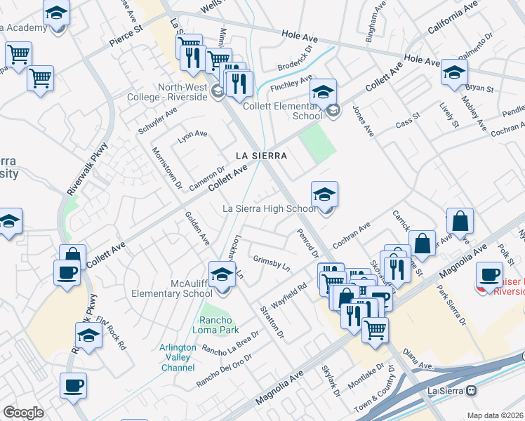 map of restaurants, bars, coffee shops, grocery stores, and more near 11131 Davenport Place in Riverside