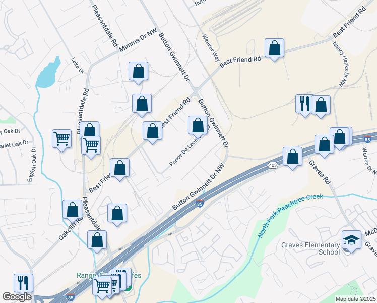 map of restaurants, bars, coffee shops, grocery stores, and more near 13831 Piedmont Court Northwest in Atlanta