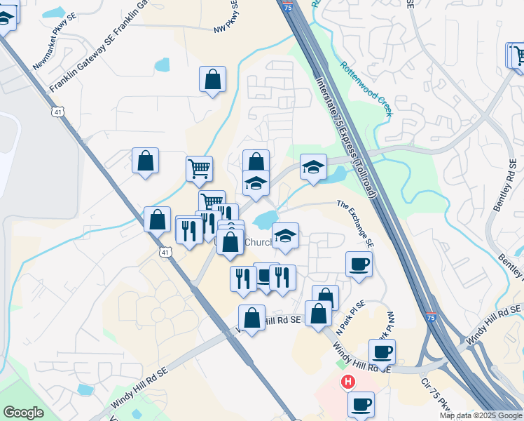 map of restaurants, bars, coffee shops, grocery stores, and more near 1700 Water Place in Atlanta