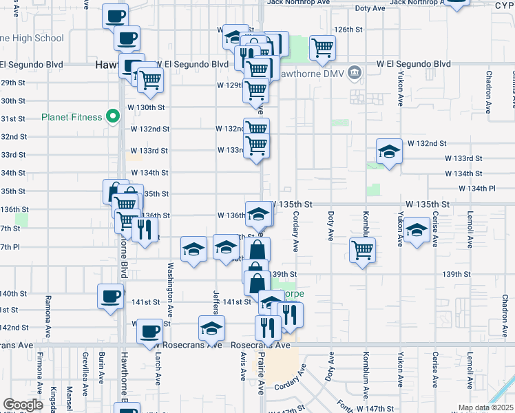 map of restaurants, bars, coffee shops, grocery stores, and more near 13541 Prairie Avenue in Hawthorne