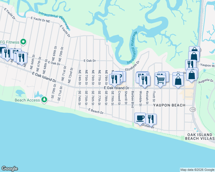 map of restaurants, bars, coffee shops, grocery stores, and more near 7802 East Oak Drive in Oak Island