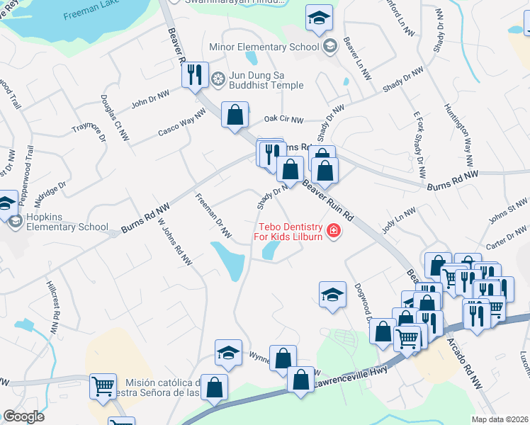 map of restaurants, bars, coffee shops, grocery stores, and more near 698 Falling Leaf Drive Northwest in Lilburn
