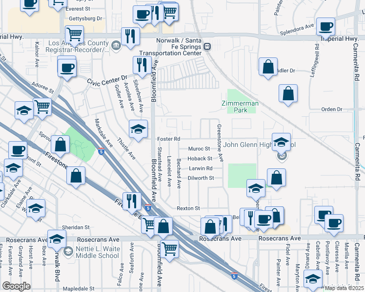 map of restaurants, bars, coffee shops, grocery stores, and more near 12707 Muroc Street in Norwalk