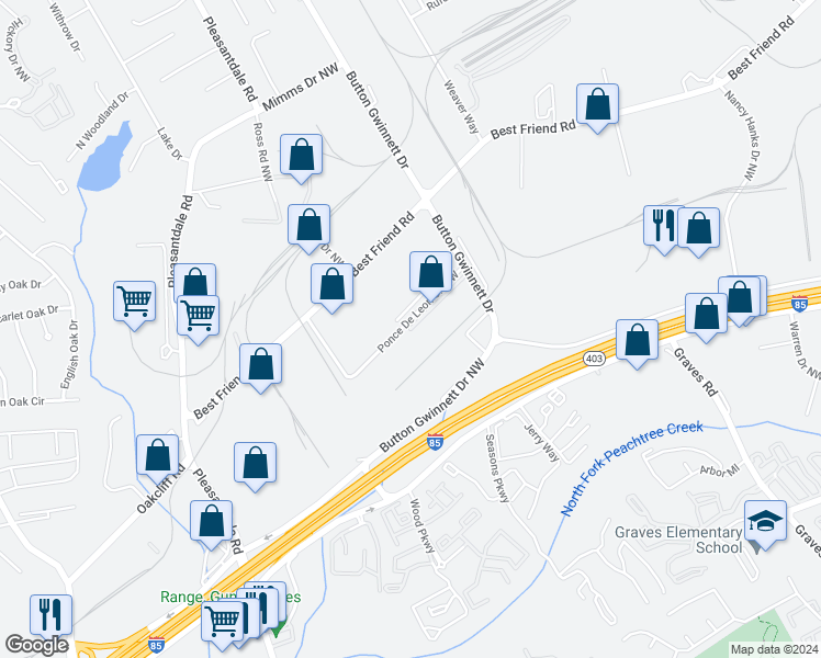 map of restaurants, bars, coffee shops, grocery stores, and more near 6935 Piedmont Court Northwest in Atlanta
