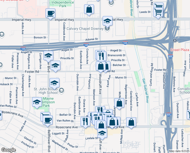 map of restaurants, bars, coffee shops, grocery stores, and more near 10019 Muroc Street in Bellflower