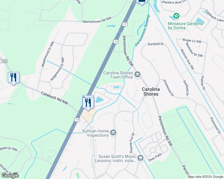 map of restaurants, bars, coffee shops, grocery stores, and more near 313 Bulkhead Bend in Carolina Shores