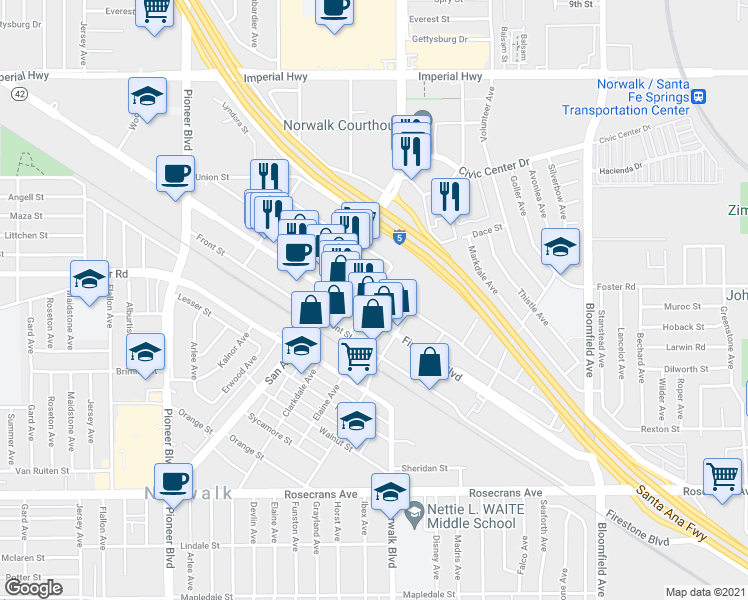 map of restaurants, bars, coffee shops, grocery stores, and more near 2 Clarkdale Avenue in Norwalk
