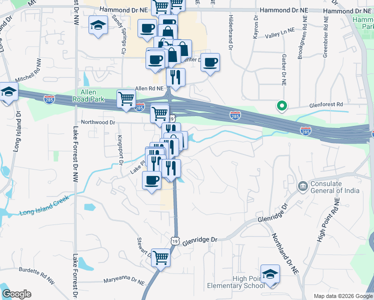 map of restaurants, bars, coffee shops, grocery stores, and more near 5641 Roswell Road in Atlanta