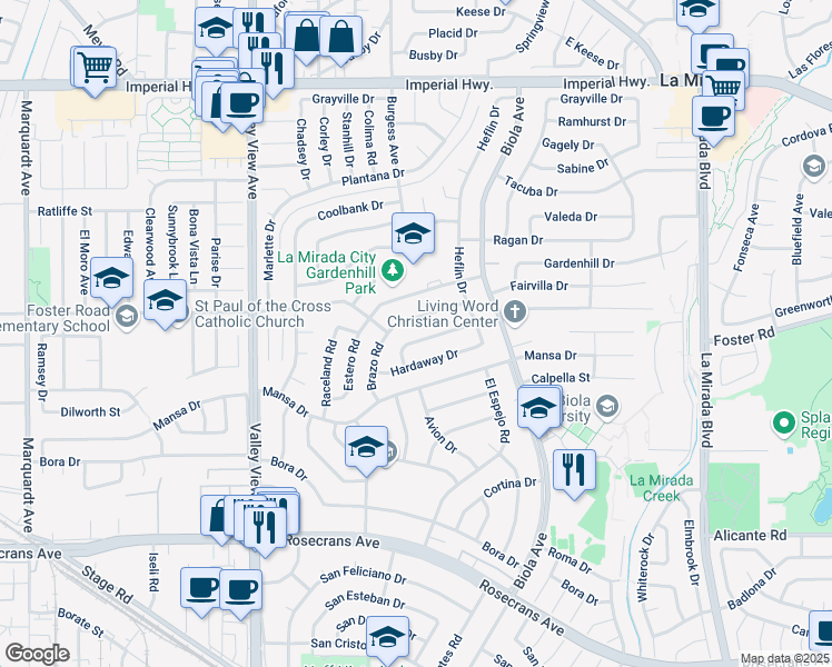 map of restaurants, bars, coffee shops, grocery stores, and more near 14547 Greenworth Drive in La Mirada