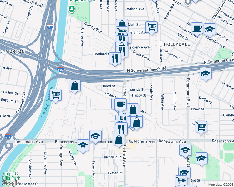 map of restaurants, bars, coffee shops, grocery stores, and more near 7440 Mendy Street in Paramount
