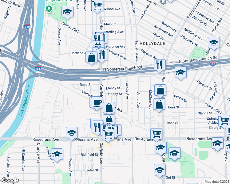 map of restaurants, bars, coffee shops, grocery stores, and more near 7559 Happy Street in Paramount