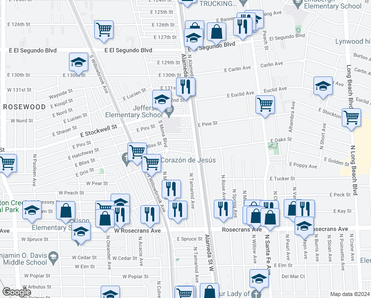 map of restaurants, bars, coffee shops, grocery stores, and more near 2613 East Oris Street in Compton