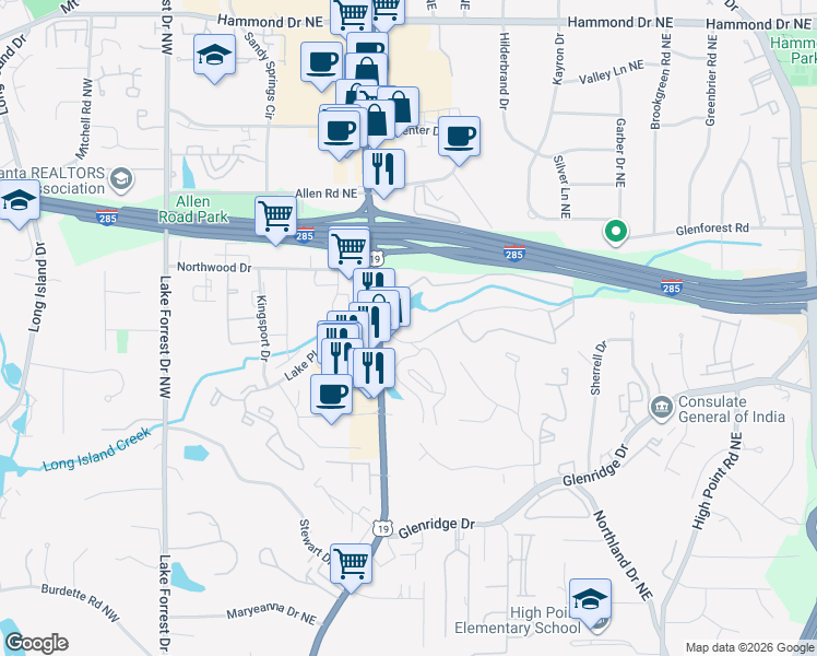 map of restaurants, bars, coffee shops, grocery stores, and more near 5641 Roswell Road Northeast in Sandy Springs