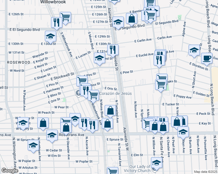 map of restaurants, bars, coffee shops, grocery stores, and more near 2527 East Oris Street in Compton