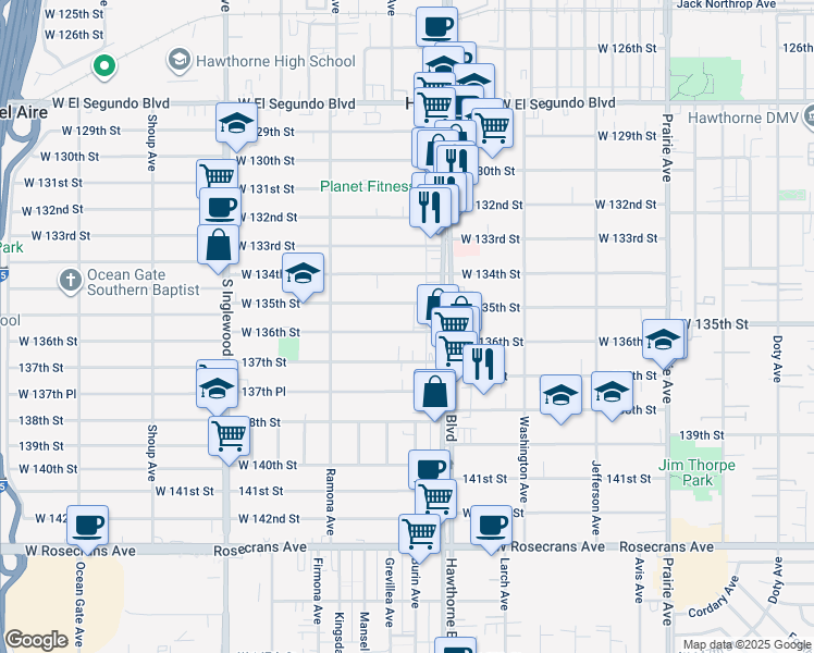 map of restaurants, bars, coffee shops, grocery stores, and more near 4459 West 136th Street in Hawthorne