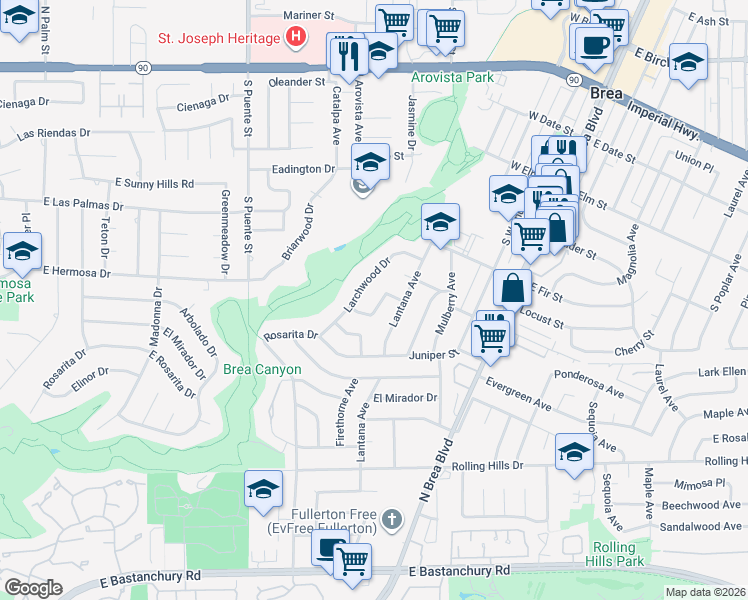 map of restaurants, bars, coffee shops, grocery stores, and more near 837 Wildrose Drive in Brea