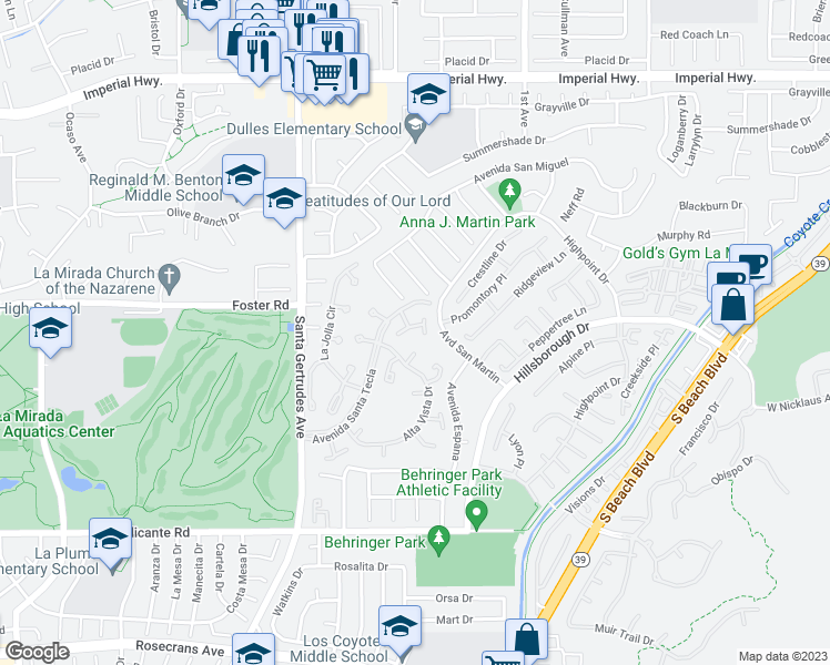 map of restaurants, bars, coffee shops, grocery stores, and more near 15911 Alta Vista Drive in La Mirada