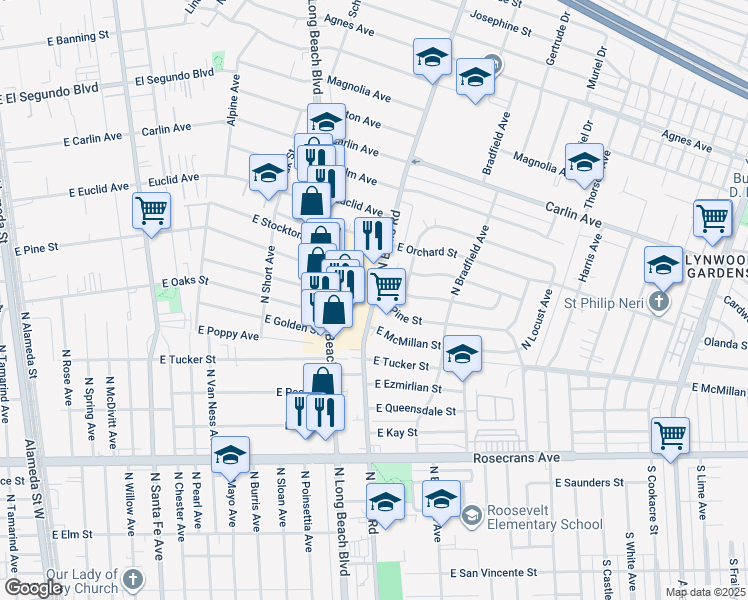 map of restaurants, bars, coffee shops, grocery stores, and more near 1900 North Long Beach Boulevard in Compton