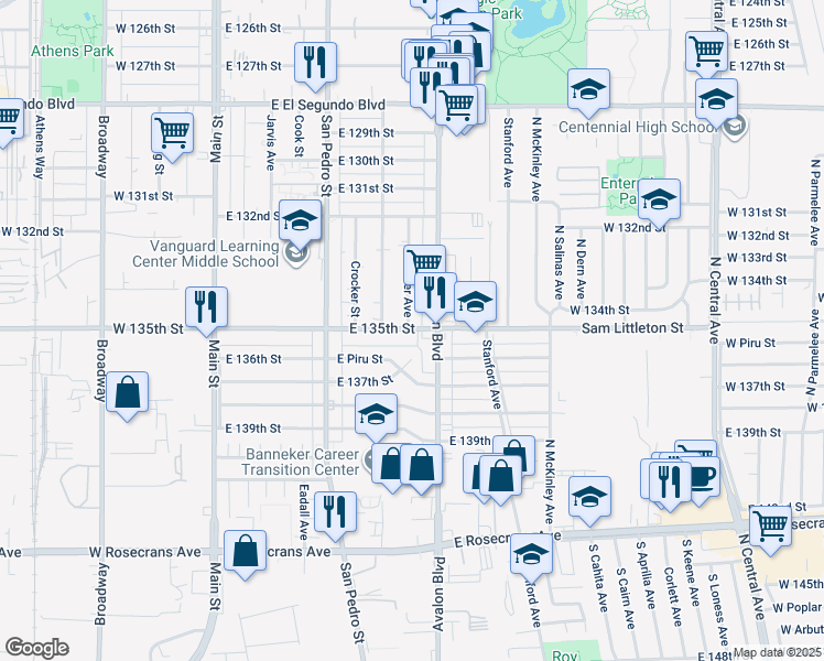 map of restaurants, bars, coffee shops, grocery stores, and more near 432 East 135th Street in Los Angeles
