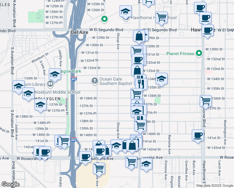 map of restaurants, bars, coffee shops, grocery stores, and more near 4921 West 136th Street in Hawthorne