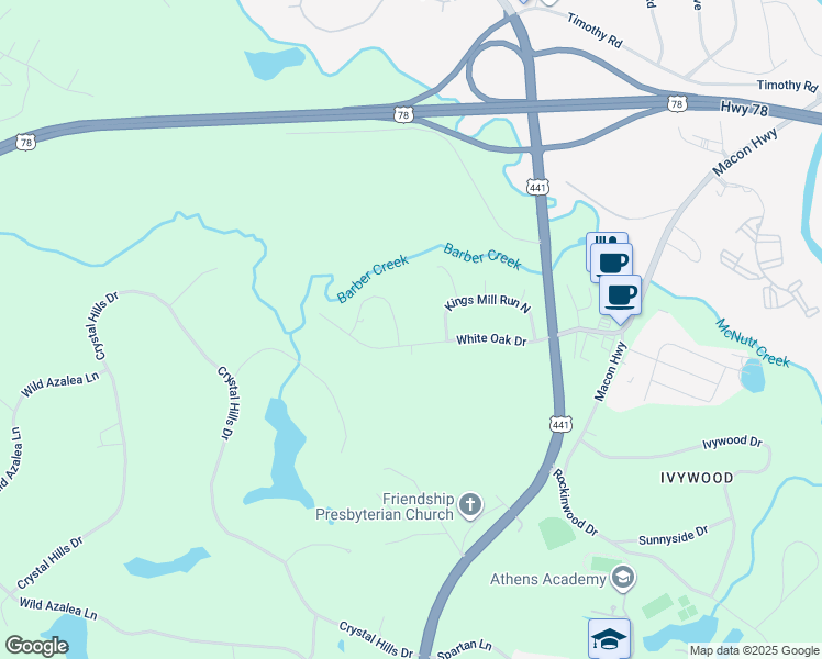 map of restaurants, bars, coffee shops, grocery stores, and more near 1012 Sweetwater Circle in Athens