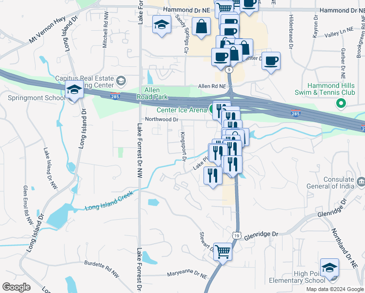 map of restaurants, bars, coffee shops, grocery stores, and more near 5566 Kingsport Drive in Atlanta