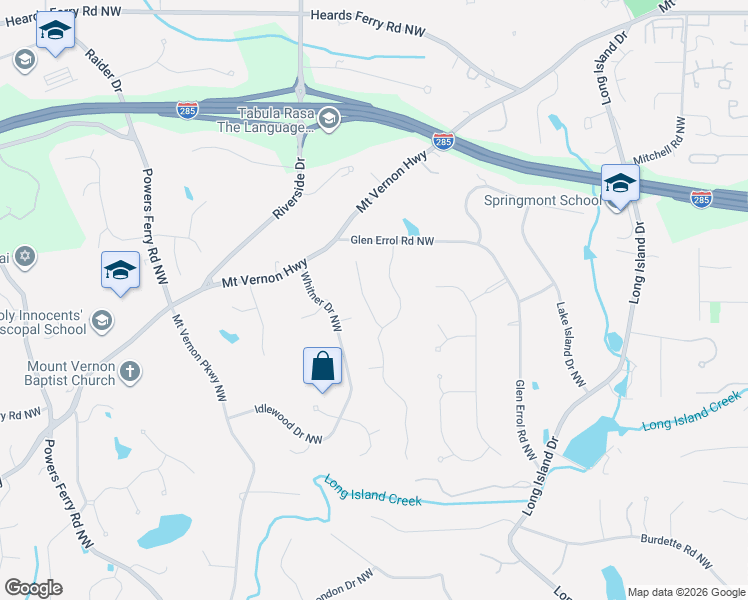 map of restaurants, bars, coffee shops, grocery stores, and more near 525 Chestnut Rose Lane in Sandy Springs