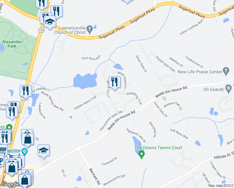 map of restaurants, bars, coffee shops, grocery stores, and more near 1261 Dayspring Trace in Lawrenceville