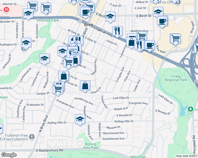 map of restaurants, bars, coffee shops, grocery stores, and more near 514 East Fir Street in Brea