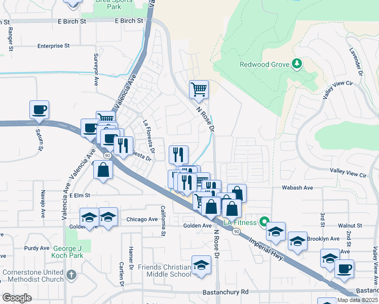 map of restaurants, bars, coffee shops, grocery stores, and more near 361 Vesuvius Drive in Brea