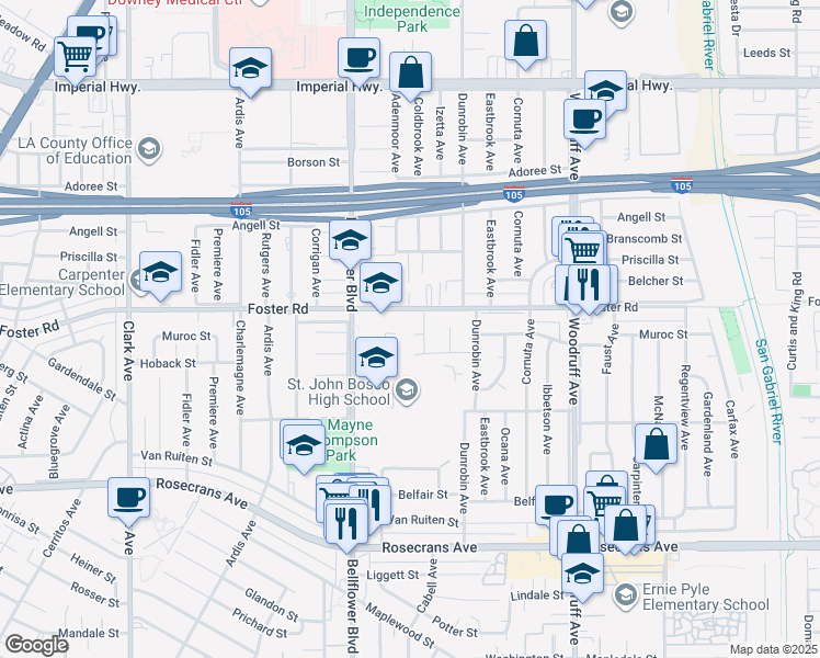 map of restaurants, bars, coffee shops, grocery stores, and more near 9803 Muroc St in Bellflower