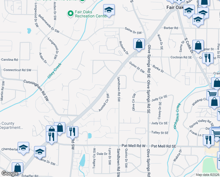map of restaurants, bars, coffee shops, grocery stores, and more near 1819 Austell Circle Southwest in Marietta