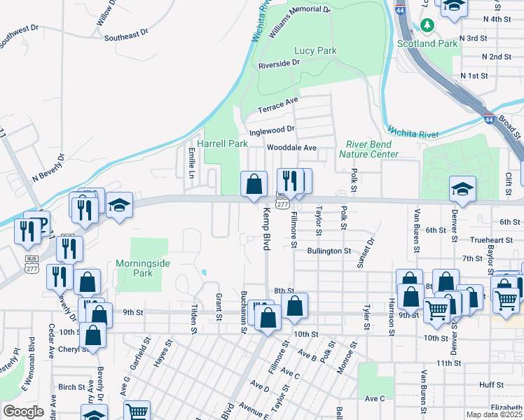 map of restaurants, bars, coffee shops, grocery stores, and more near 502 Kemp Boulevard in Wichita Falls