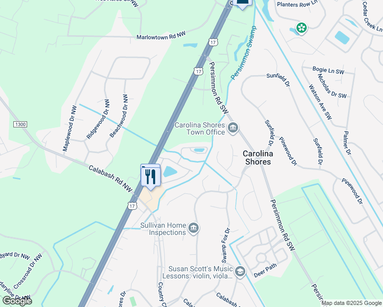 map of restaurants, bars, coffee shops, grocery stores, and more near 313 Bulkhead Bend in Carolina Shores