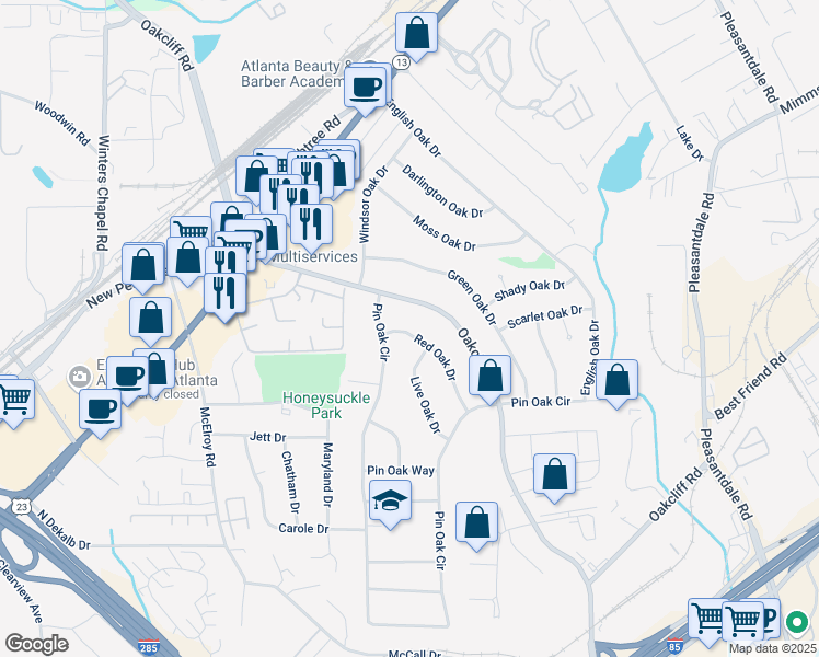 map of restaurants, bars, coffee shops, grocery stores, and more near 4001 Red Oak Drive in Doraville