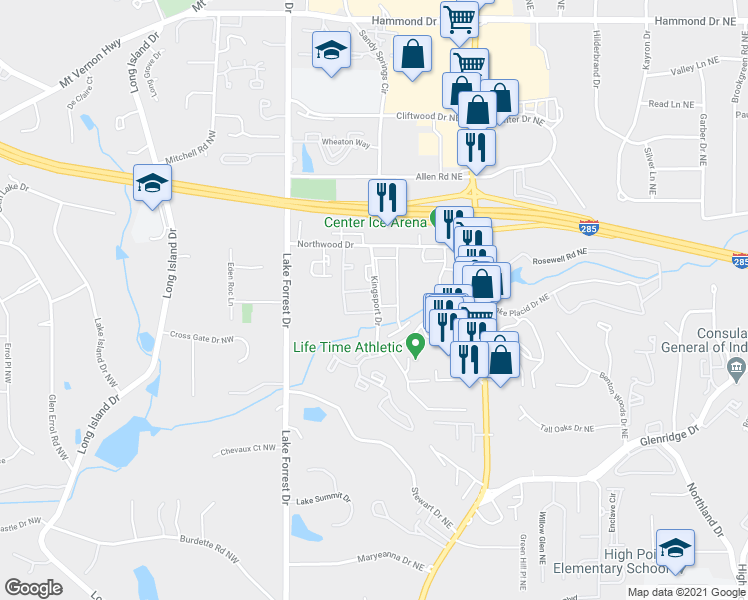map of restaurants, bars, coffee shops, grocery stores, and more near 5566 Kingsport Drive in Atlanta