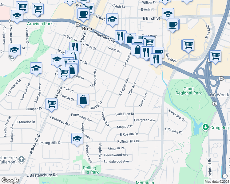 map of restaurants, bars, coffee shops, grocery stores, and more near 544 Laurel Avenue in Brea