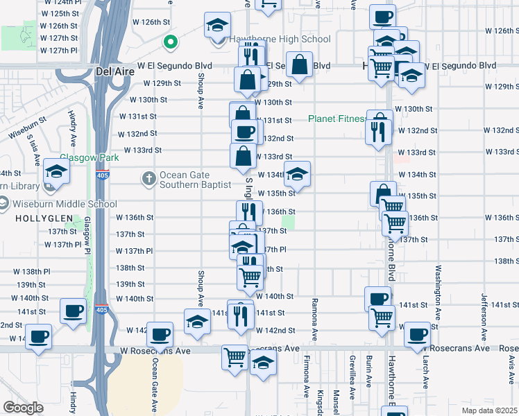 map of restaurants, bars, coffee shops, grocery stores, and more near 4769 West 136th Street in Hawthorne