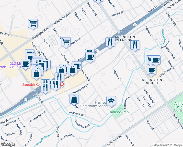 map of restaurants, bars, coffee shops, grocery stores, and more near 9800 Indiana Ave in Riverside