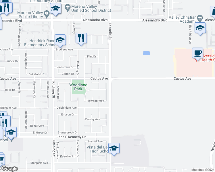 map of restaurants, bars, coffee shops, grocery stores, and more near 14566 Blackbush Road in Moreno Valley
