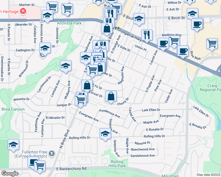 map of restaurants, bars, coffee shops, grocery stores, and more near 321 East Fir Street in Brea