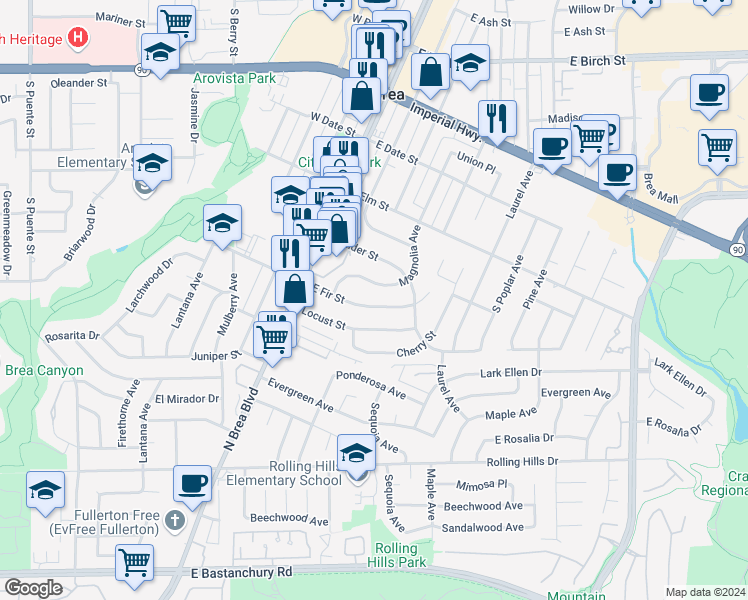 map of restaurants, bars, coffee shops, grocery stores, and more near 321 East Fir Street in Brea